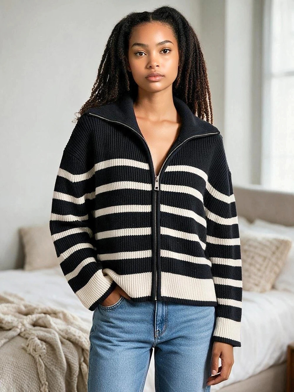 Zara Striped Knit Zip-Up Cardigan Heavy Knit Navy & Cream Medium